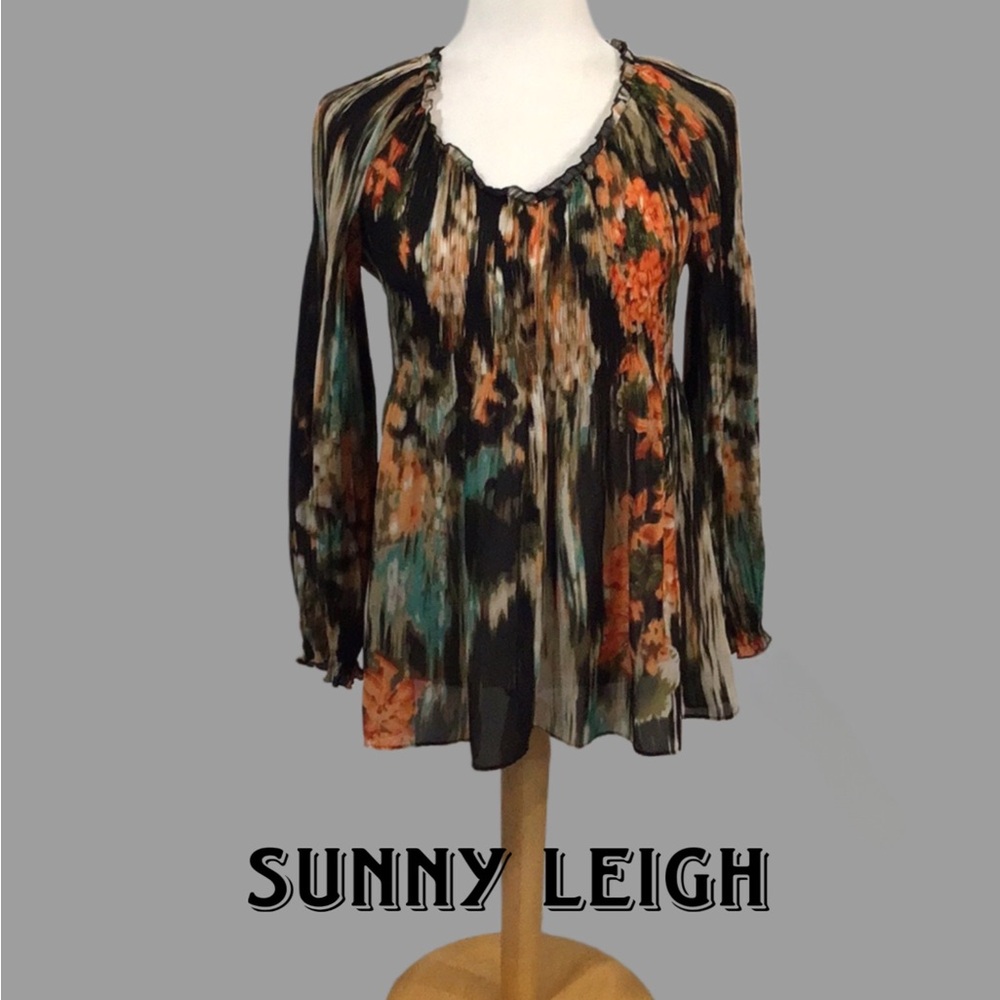 SUNNY LEIGH Stretchy Multi-Colored Blouse, Black/Orange/Teal/Tan, Size Medium